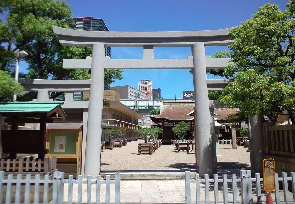 Stone torii at the entrance of Imamiya Ebisu Shrine in Shinsekai, Osaka