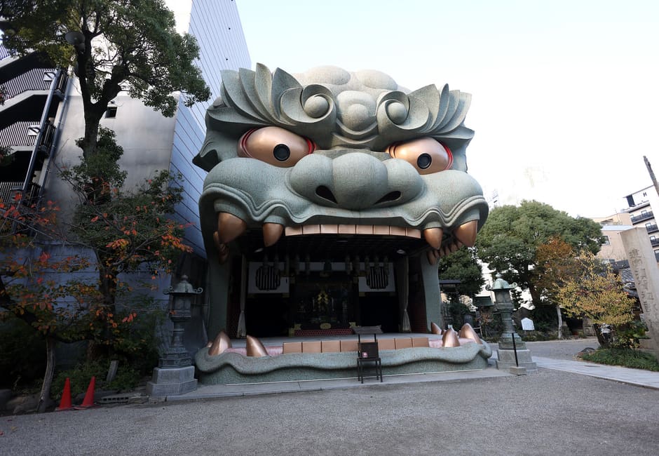 Giant lion-head stage hall of Namba Yasaka Shrine in Osaka