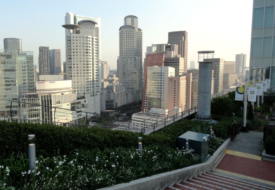 Rooftop garden of Osaka Station City with Umeda towers behind