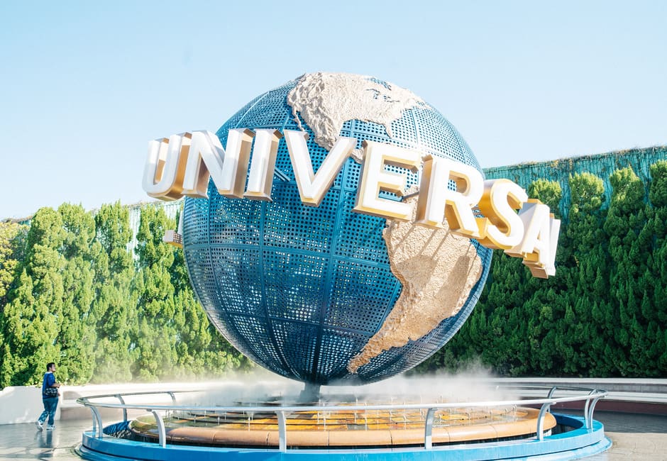 Universal Globe fountain at Universal Studios Japan on a clear day