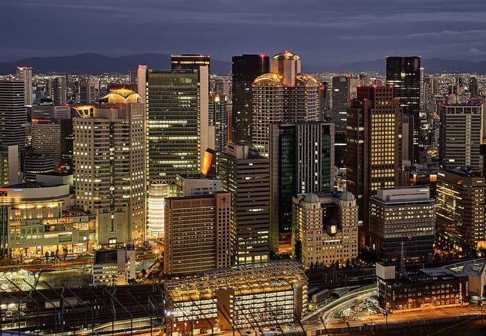 Night view of the Umeda skyscrapers and rail lines in Osaka